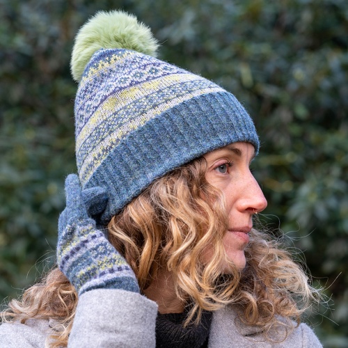 Blue & Sage Mix Fair Isle Bobble Hat by Peace of Mind